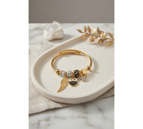 Siyah Baykuş Model Gold Renk Charmlı Bileklik