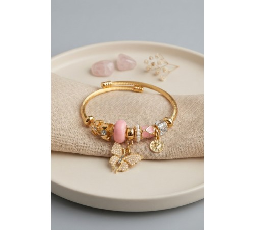 Pembe Kelebek Model Gold Renk Charmlı Bileklik