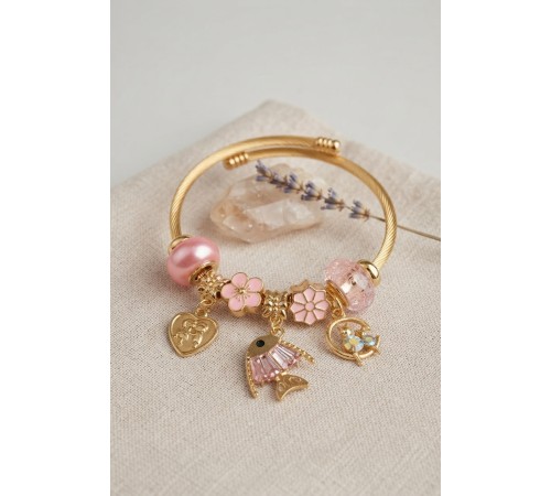 Balık Charmlı Pembe Renk Gold Bileklik
