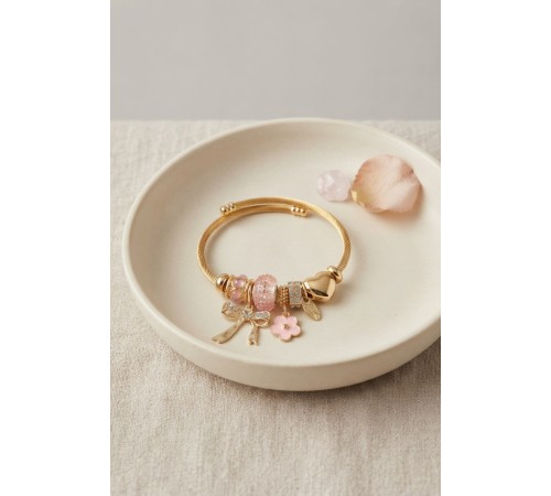Fiyonk Charmlı Pembe Renk Gold Bileklik