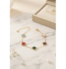 Renkli Kristal Taşlı Gold Renk Yonca Model Kadın Bileklik