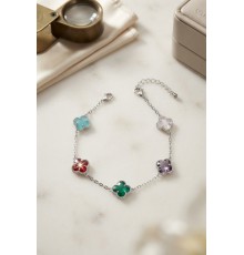 Renkli Kristal Taşlı Gümüş Renk Yonca Model Kadın Bileklik