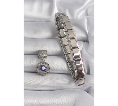 316L Çelik Gümüş Renk Sallantı Zirkon Taşlı Göz Model Nazar Boncuk Detay Nomination Charm