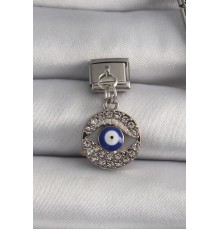 316L Çelik Gümüş Renk Sallantı Zirkon Taşlı Göz Model Nazar Boncuk Detay Nomination Charm