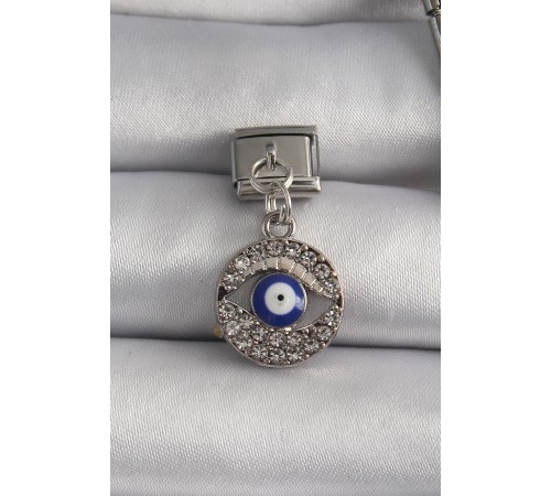 316L Çelik Gümüş Renk Sallantı Zirkon Taşlı Göz Model Nazar Boncuk Detay Nomination Charm