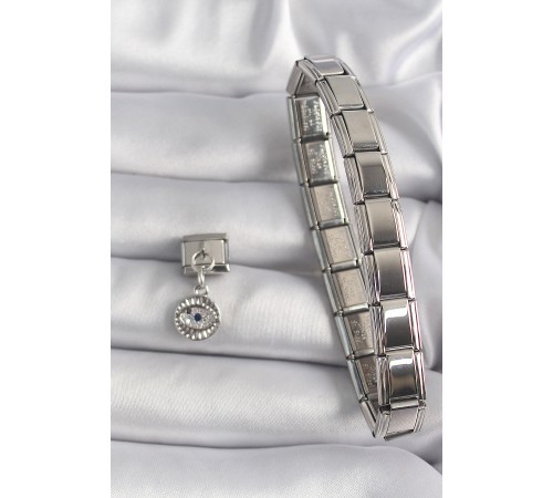 316L Çelik Gümüş Renk Sallantı Zirkon Taşlı Göz Model Nomination Charm