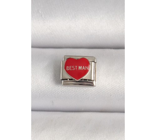 316L Çelik Gümüş Renk 'Best Man' Yazılı Kırmızı Kalp İşlemeli Nomination Charm