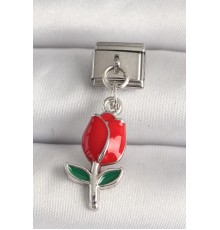 316L Çelik Gümüş Renk Kırmızı Gül Model Nomination Charm