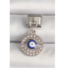 316L Çelik Gümüş Renk Zirkon Taşlı Göz Model Nazar Boncuk Detay Nomination Charm