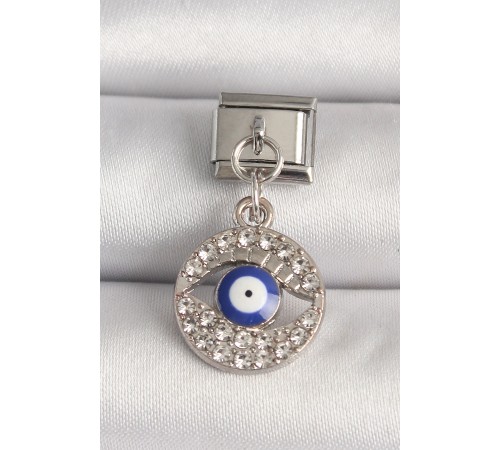 316L Çelik Gümüş Renk Zirkon Taşlı Göz Model Nazar Boncuk Detay Nomination Charm