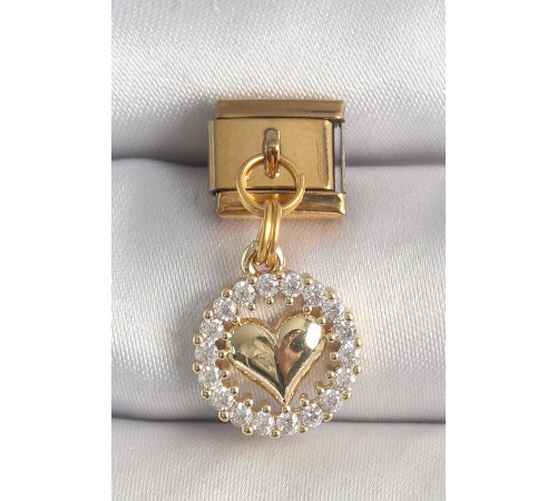 316L Çelik Gold Renk Sallantı Zirkon Taşlı Kalp Model Nomination Charm