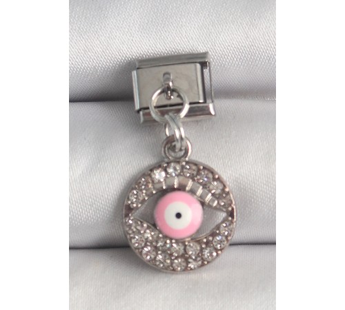316L Çelik Gümüş Renk Sallantı Zirkon Taşlı Pembe Göz Model Nomination Charm
