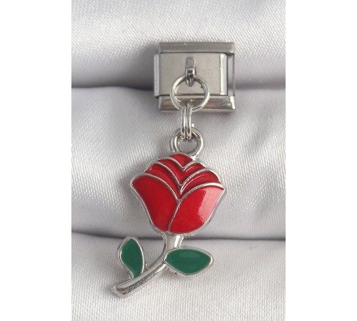 316L Çelik Gümüş Renk Sallantı Kırmızı Gül Model Nomination Charm