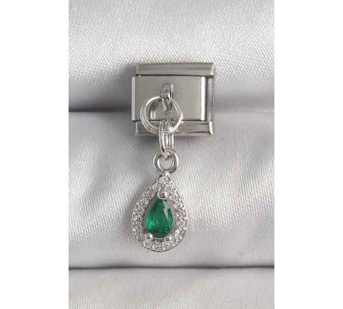 316L Çelik Gümüş Renk Sallantı Yeşil Zirkon Taşlı Damla Model Nomination Charm