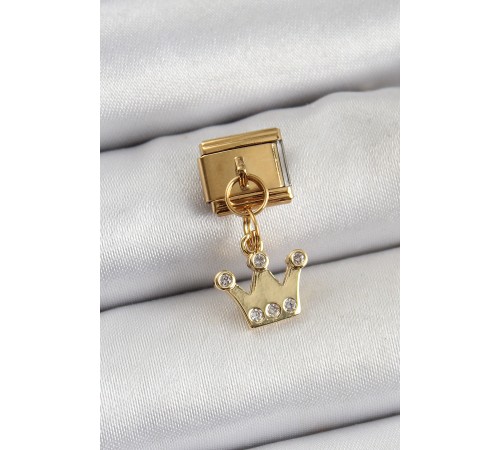316L Çelik Sallantılı Zirkon Taşlı Kraliçe Tacı Model Gold Renk Nomination Charm