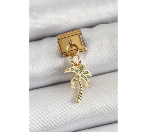 316L Çelik Sallantılı Zirkon Taşlı Palmiye Ağacı Model Gold Renk Nomination Charm