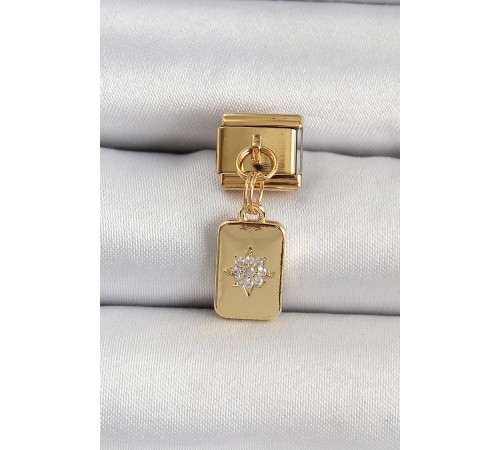 316L Çelik Sallantılı Zirkon Taşlı Kutup Yıldızı Figürlü Dikdörtgen Model Gold Renk Nomination Charm