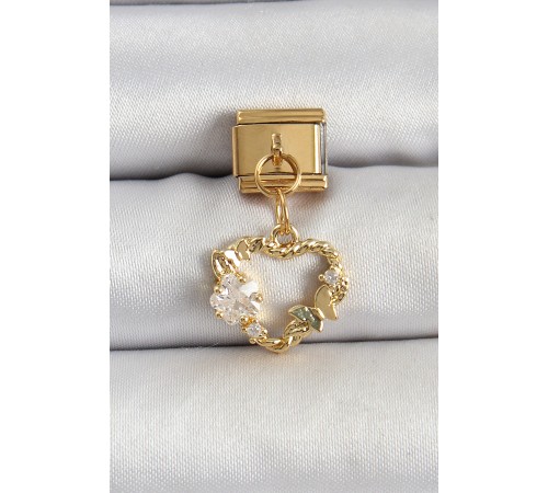 316L Çelik Sallantılı Zirkon Taşlı Kalp Model Gold Renk Nomination Charm