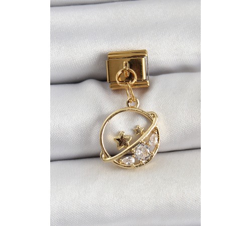 316L Çelik Sallantılı Zirkon Taşlı Satürn Model Gold Renk Nomination Charm