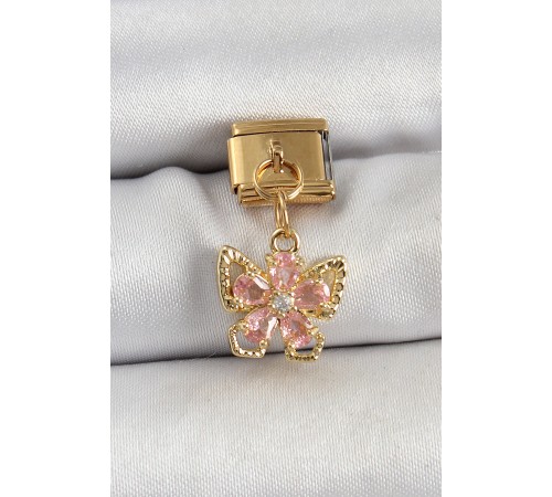 316L Çelik Sallantılı Zirkon Taşlı Çiçek Figürlü Kelebek Model Gold Renk Nomination Charm