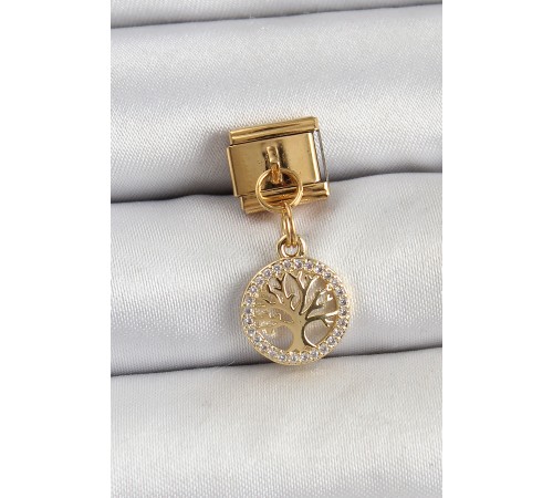 316L Çelik Sallantılı Zirkon Taşlı Hayat Ağacı Model Gold Renk Nomination Charm