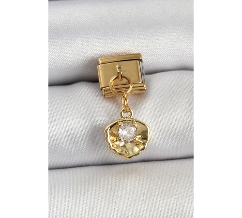 316L Çelik Sallantılı Zirkon Taşlı İstiridye Model Gold Renk Nomination Charm