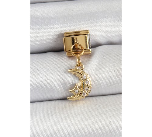 316L Çelik Sallantılı Zirkon Taşlı Ay Model Gold Renk Nomination Charm