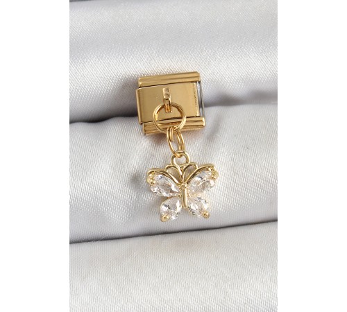 316L Çelik Sallantılı Zirkon Taşlı Kelebek Model Gold Renk Nomination Charm