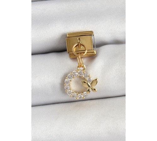 316L Çelik Sallantılı Zirkon Taşlı Kelebek Detaylı Halka Model Gold Renk Nomination Charm