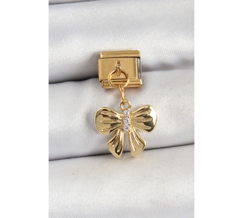 316L Çelik Sallantılı Zirkon Taşlı Fiyonk Model Gold Renk Nomination Charm