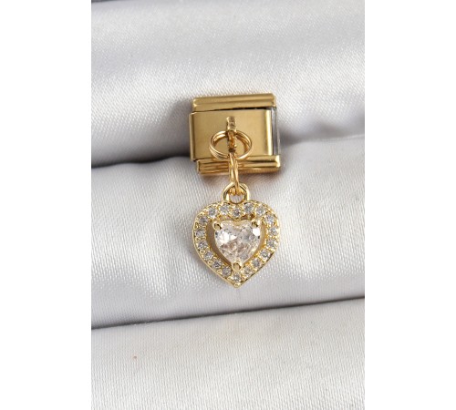 316L Çelik Sallantılı Zirkon Taşlı Kalp Model Gold Renk Nomination Charm