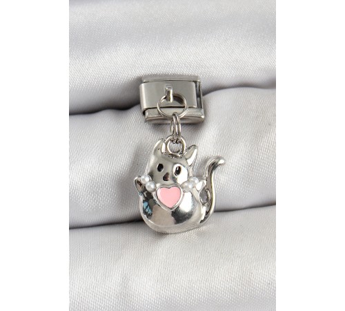 316L Çelik Sallantılı Kalp Detaylı Kedi Model Gümüş Renk Nomination Charm