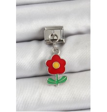 316L Çelik Sallantılı Kırmızı Papatya Model Gümüş Renk Nomination Charm
