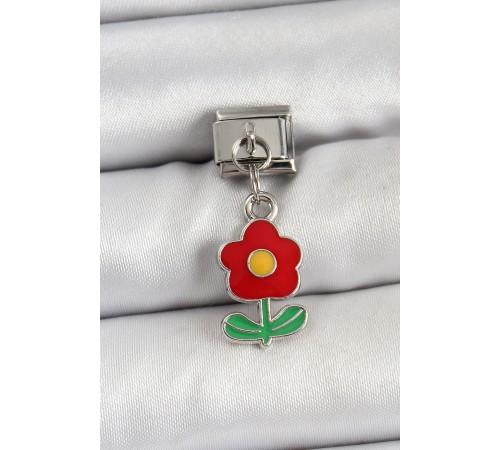 316L Çelik Sallantılı Kırmızı Papatya Model Gümüş Renk Nomination Charm