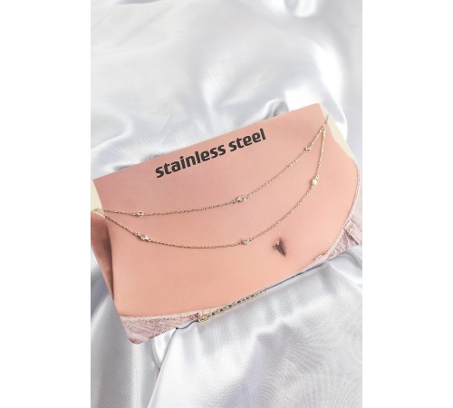 316L Çelik Zirkon Taşlı Damla Model Gold Renk Göbek Bel Zinciri