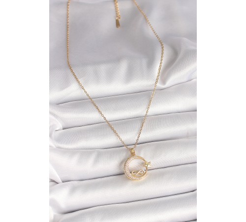 316L Çelik Gold Renk Zincir Zirkon Taşlı Ay Yıldız Model Sonsuzluk Detay Kadın Kolye