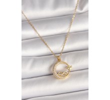 316L Çelik Gold Renk Zincir Zirkon Taşlı Ay Yıldız Model Sonsuzluk Detay Kadın Kolye