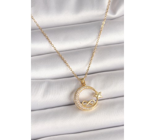 316L Çelik Gold Renk Zincir Zirkon Taşlı Ay Yıldız Model Sonsuzluk Detay Kadın Kolye