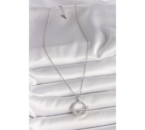 316L Çelik Gümüş Renk Zincir Zirkon Taşlı Ay Yıldız Model Sonsuzluk Detay Kadın Kolye