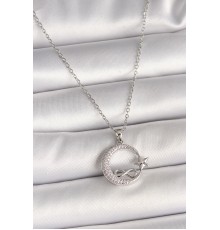 316L Çelik Gümüş Renk Zincir Zirkon Taşlı Ay Yıldız Model Sonsuzluk Detay Kadın Kolye