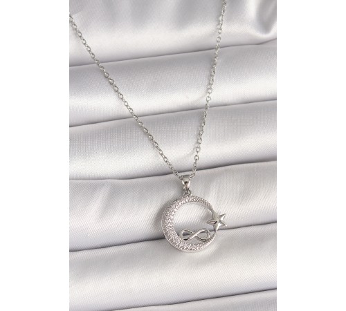 316L Çelik Gümüş Renk Zincir Zirkon Taşlı Ay Yıldız Model Sonsuzluk Detay Kadın Kolye