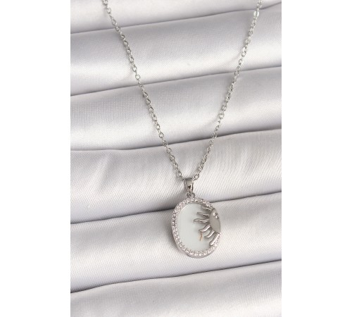 316L Çelik Gümüş Renk Zincir Beyaz Mineli Gün Batımı Model Zirkon Taş Detaylı Kadın Kolye