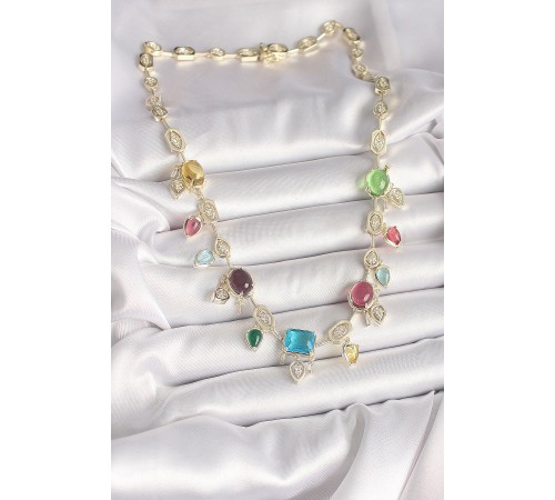 Pirinç Gold Renk Renli Zirkon Taşlı VIP Seri Kadın Kolye