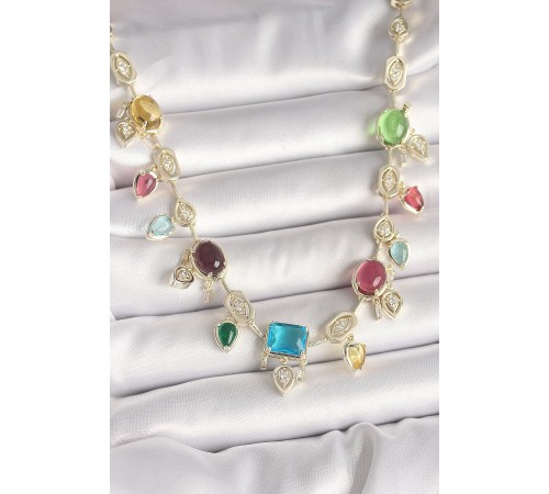 Pirinç Gold Renk Renli Zirkon Taşlı VIP Seri Kadın Kolye