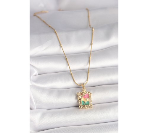 316L Çelik Gold Renk Renkli Zirkon Taşlı Kelebek İşlemeli Portre Model Kadın Kolye