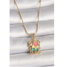 316L Çelik Gold Renk Renkli Zirkon Taşlı Kelebek İşlemeli Portre Model Kadın Kolye