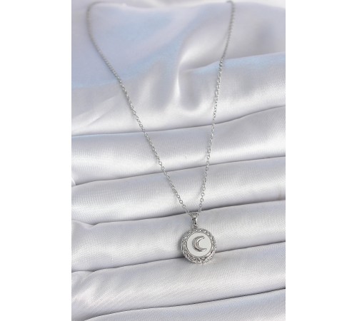 316L Çelik Gümüş Renk Zincir Beyaz Mineli Hilal İşlemeli Madalyon Model Kadın Kolye