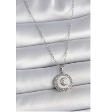 316L Çelik Gümüş Renk Zincir Beyaz Mineli Hilal İşlemeli Madalyon Model Kadın Kolye