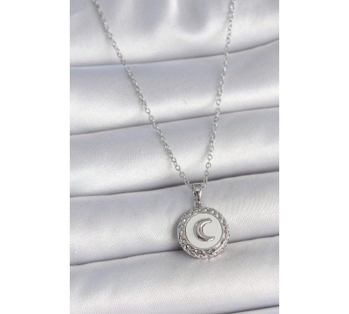 316L Çelik Gümüş Renk Zincir Beyaz Mineli Hilal İşlemeli Madalyon Model Kadın Kolye