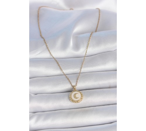 316L Çelik Gold Renk Zincir Beyaz Mineli Hilal İşlemeli Madalyon Model Kadın Kolye